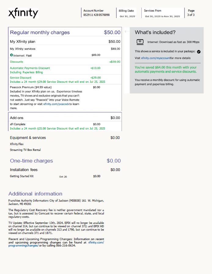USA Xfinity utility bill template in Word and PDF formats, 3 pages, version 4, 3rd page
